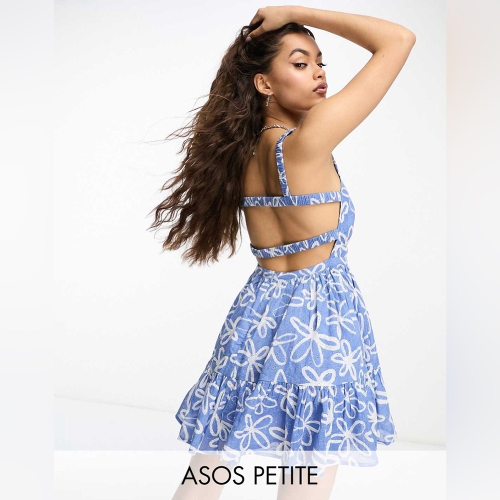 (T2)ASOS DESIGN Petite open back eyelet mini skater dress in blue daisy print,2P